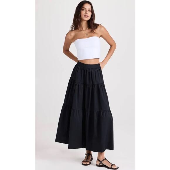 Staud Sea Skirt Black Tiered Volume Midi Cotton Poplin High Waist 4 Lightweight - Picture 4 of 8